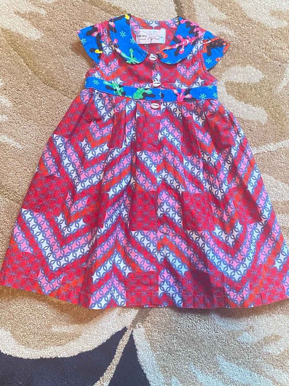 Cajou Daxar red print dress with Blue Collar and shell buttons